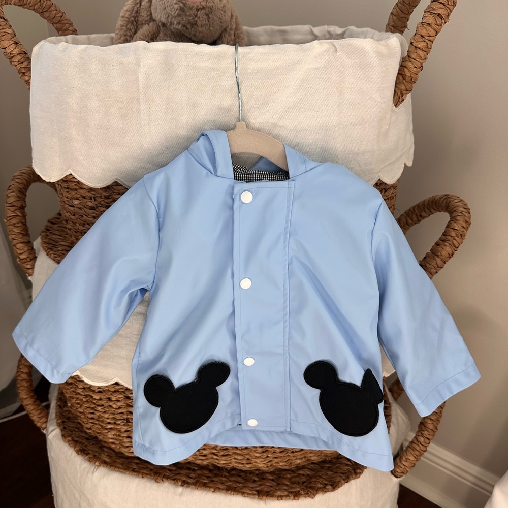 Light Blue Kids Hooded Raincoat with Black Mouse Patches